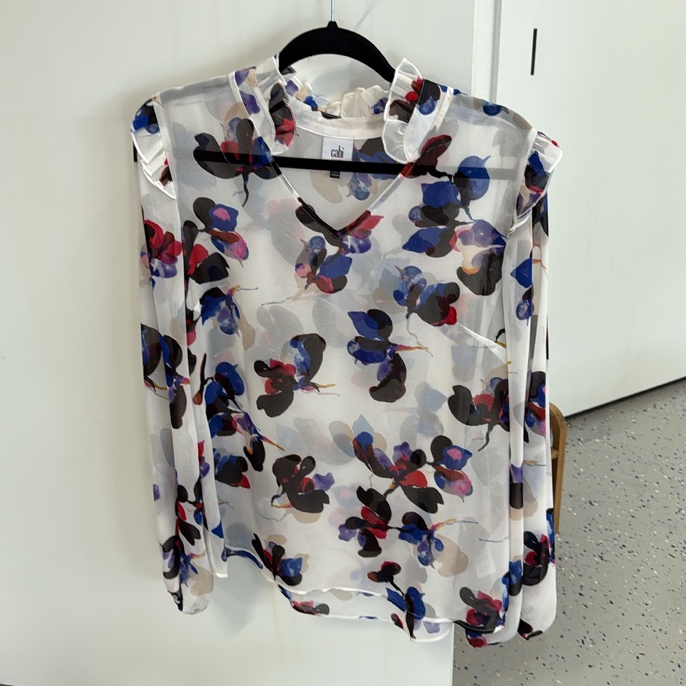 CAbi Blue and Red Ruffled Sheer Blouse